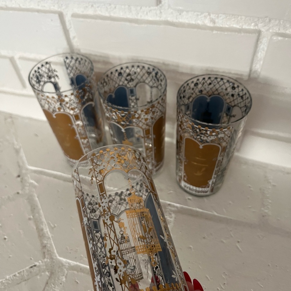 Vintage MCM 22 Karat Gold Rocks Glasses Blue Birdcage Set of 4 Georges Briard - Picture 7 of 14